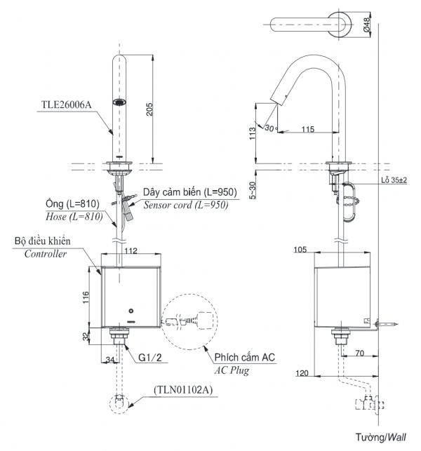 Bản vẽ kỹ thuật Vòi chậu lavabo TOTO TLE26007A cảm ứng gắn bàn/chậu