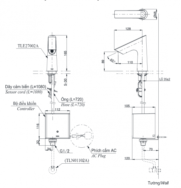 Bản vẽ kỹ thuật Vòi chậu lavabo TOTO TLE27002A cảm ứng gắn bàn/chậu