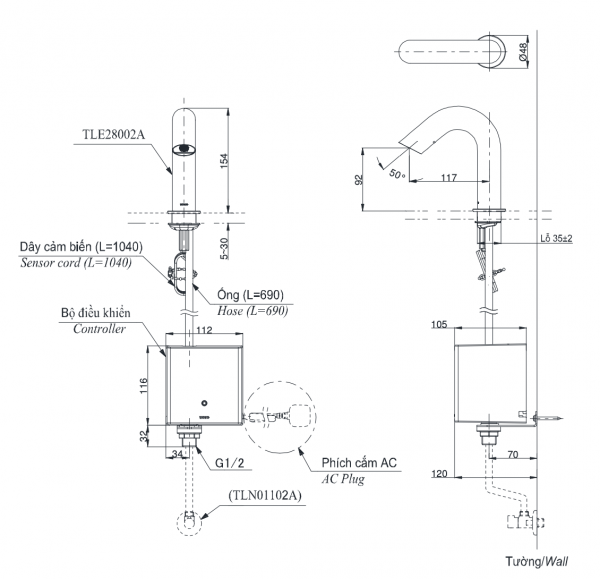 Bản vẽ kỹ thuật Vòi chậu lavabo TOTO TLE28002A cảm ứng gắn bàn/chậu