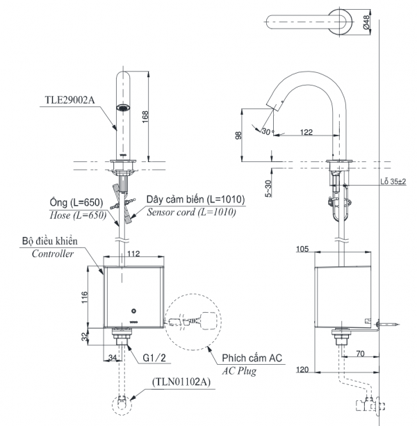 Bản vẽ kỹ thuật Vòi chậu lavabo TOTO TLE29002A cảm ứng gắn bàn/chậu