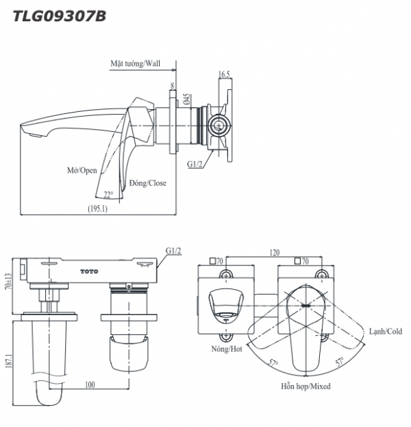 Bản vẽ kỹ thuật Vòi chậu lavabo TOTO TLG01311B nóng lạnh gắn tường