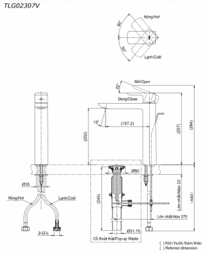 TOTO TLG02307V - Vòi chậu lavabo cổ cao nóng lạnh GR 7 Bản vẽ kỹ thuật Vòi chậu lavabo TOTO TLG02307V nóng lạnh cổ cao