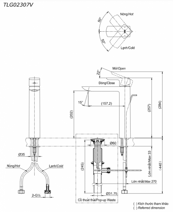 Bản vẽ kỹ thuật Vòi chậu lavabo TOTO TLG02307V nóng lạnh cổ cao