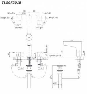 TOTO TLG07201B - Vòi chậu lavabo nóng lạnh 3 lỗ GE 7 Bản vẽ kỹ thuật Vòi chậu lavabo TOTO TLG07201B nóng lạnh