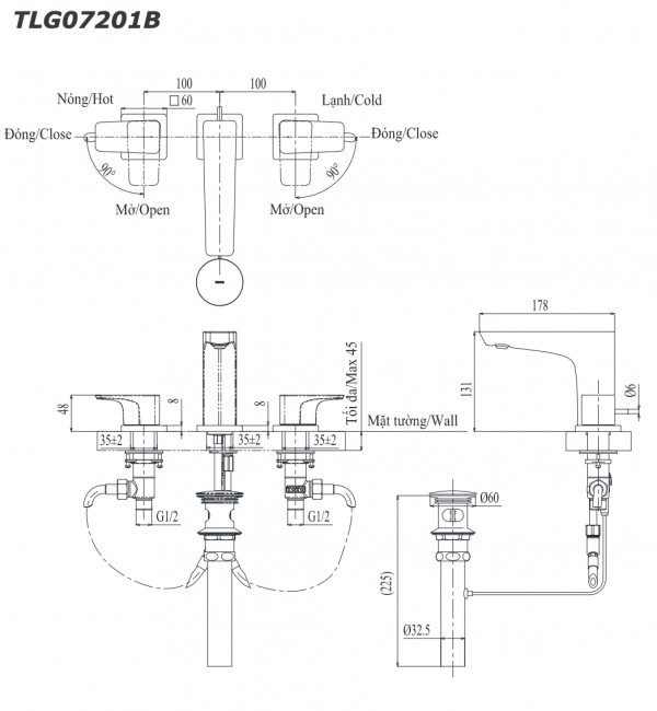 Bản vẽ kỹ thuật Vòi chậu lavabo TOTO TLG07201B nóng lạnh