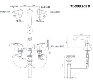 TOTO TLG09201B - Vòi chậu lavabo nóng lạnh 3 lỗ GM 1 Bản vẽ kỹ thuật Vòi chậu lavabo TOTO TLG09201B nóng lạnh 3 lỗ GM