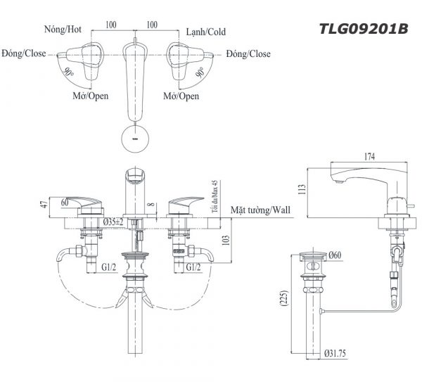 Bản vẽ kỹ thuật Vòi chậu lavabo TOTO TLG09201B nóng lạnh 3 lỗ GM