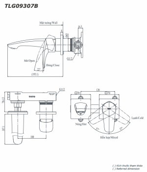 Bản vẽ kỹ thuật Vòi chậu lavabo TOTO TLG09307B nóng lạnh gắn tường