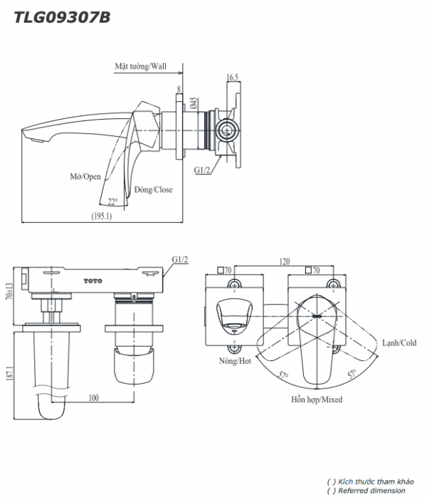 Bản vẽ kỹ thuật Vòi chậu lavabo TOTO TLG09307B nóng lạnh gắn tường