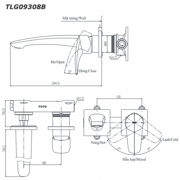Bản vẽ kỹ thuật Vòi chậu lavabo TOTO TLG09308B nóng lạnh gắn tường