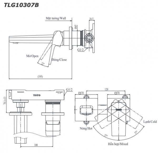 Bản vẽ kỹ thuật Vòi chậu lavabo TOTO TLG10307B nóng lạnh gắn tường