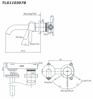 Bản vẽ kỹ thuật Vòi chậu lavabo TOTO TLG11307B nóng lạnh gắn tường