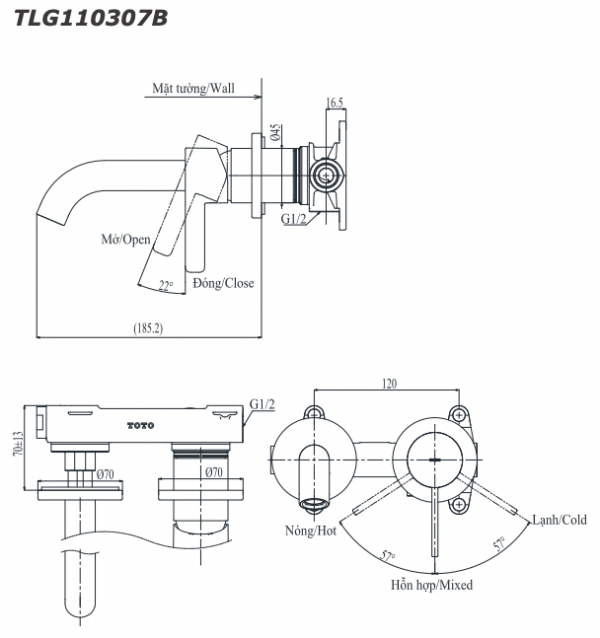 Bản vẽ kỹ thuật Vòi chậu lavabo TOTO TLG11307B nóng lạnh gắn tường