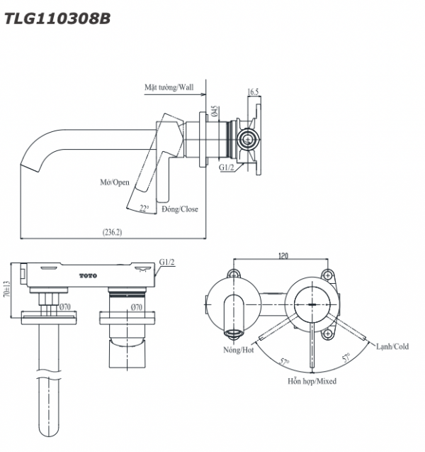 Bản vẽ kỹ thuật Vòi chậu lavabo TOTO TLG11308B nóng lạnh gắn tường