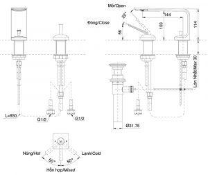TOTO TLP02301B - Vòi chậu lavabo nóng lạnh 2 lỗ ZL 5 Bản-vẽ-kỹ-thuật Vòi-chậu-lavabo TOTO-TLP02301B-nóng-lạnh