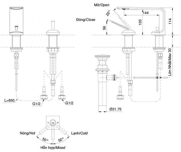 Bản-vẽ-kỹ-thuật Vòi-chậu-lavabo TOTO-TLP02301B-nóng-lạnh