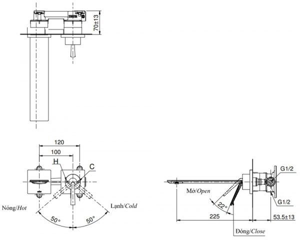 Bản-vẽ-kỹ-thuật Vòi-chậu-lavabo-TOTO-TLP02310B-nóng-lạnh-gắn-tường
