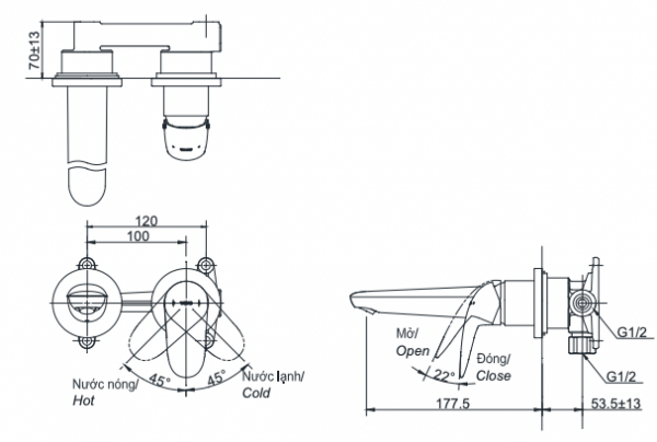 Bản vẽ kỹ thuật Vòi chậu lavabo TOTO TLS03307B nóng lạnh gắn tường