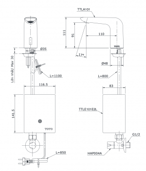 Bản vẽ kỹ thuật Vòi chậu lavabo TOTO TTLA101 TTLE101E2L HAP004A cảm ứng gắn bàn/chậu
