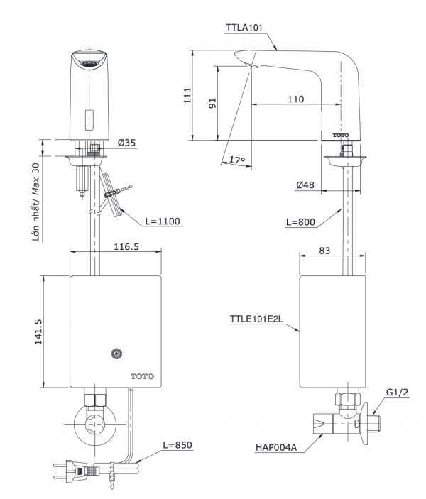 Bản vẽ kỹ thuật Vòi chậu lavabo TOTO TTLA101 TTLE101E2L HAP004A cảm ứng gắn bàn/chậu