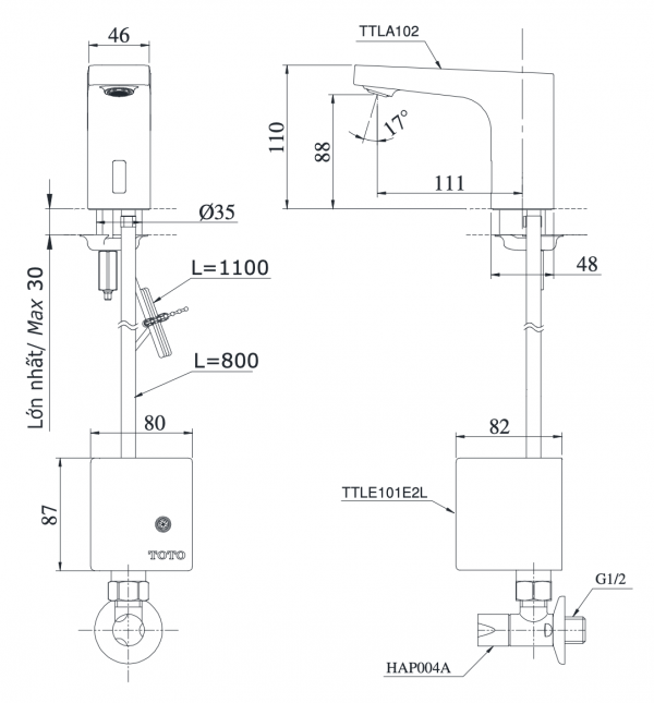Bản vẽ kỹ thuật Vòi chậu lavabo TOTO TTLA102 TTLE101B2L HAP004A cảm ứng gắn bàn/chậu
