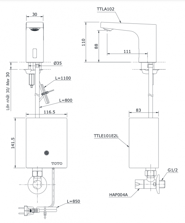 Bản vẽ kỹ thuật Vòi chậu lavabo TOTO TTLA102 TTLE101E2L HAP004A cảm ứng gắn bàn/chậu