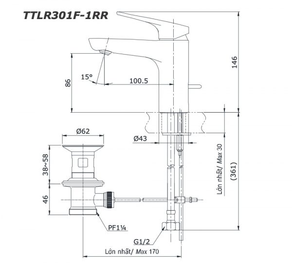 Bản vẽ kỹ thuật Vòi chậu lavabo TOTO TTLR301F-1RR nóng lạnh Rei-R
