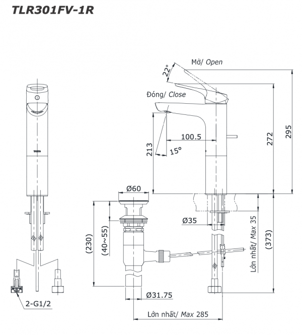 Bản vẽ kỹ thuật Vòi chậu lavabo TOTO TTLR301FV-1 nóng lạnh cổ cao