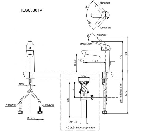 Bản vẽ kỹ thuật vòi nước TOTO nóng lạnh TLG03301V