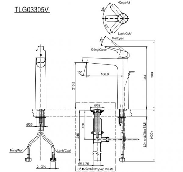 Bản vẽ kỹ thuật vòi nước TOTO nóng lạnh TLG03305V