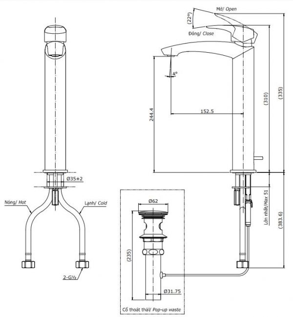 Bản vẽ kỹ thuật vòi nước TOTO nóng lạnh TLG09305V