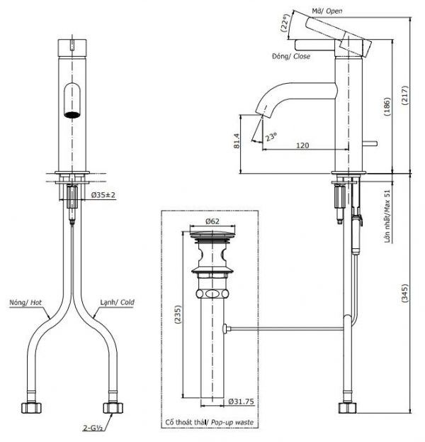 Bản vẽ kỹ thuật vòi nước TOTO nóng lạnh TLG11301V