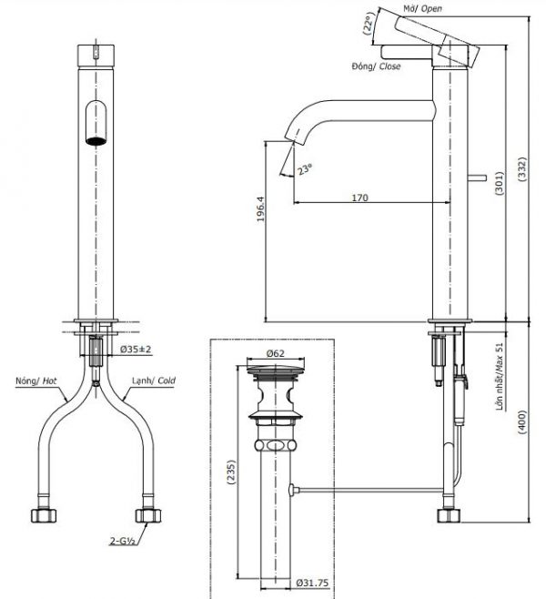 Bản vẽ kỹ thuật vòi nước TOTO nóng lạnh TLG11305V