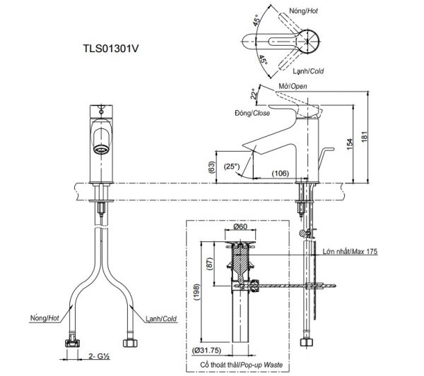 Bản vẽ kỹ thuật vòi nước TOTO nóng lạnh TLS01301V
