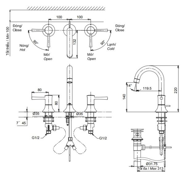 Bản vẽ kỹ thuật vòi nước TOTO TLS02201B 3 lỗ nóng lạnh