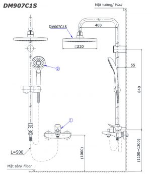Bản-vẽ-kỹ-thuật-Vòi-sen-cây-TOTO-DM907C1S