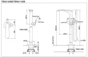 Bản vẽ kỹ thuật Vòi sen cây TOTO TBG02306B TBN01105B nóng lạnh