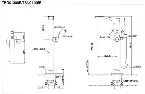 Bản vẽ kỹ thuật Vòi sen cây TOTO TBG02306B TBN01105B nóng lạnh
