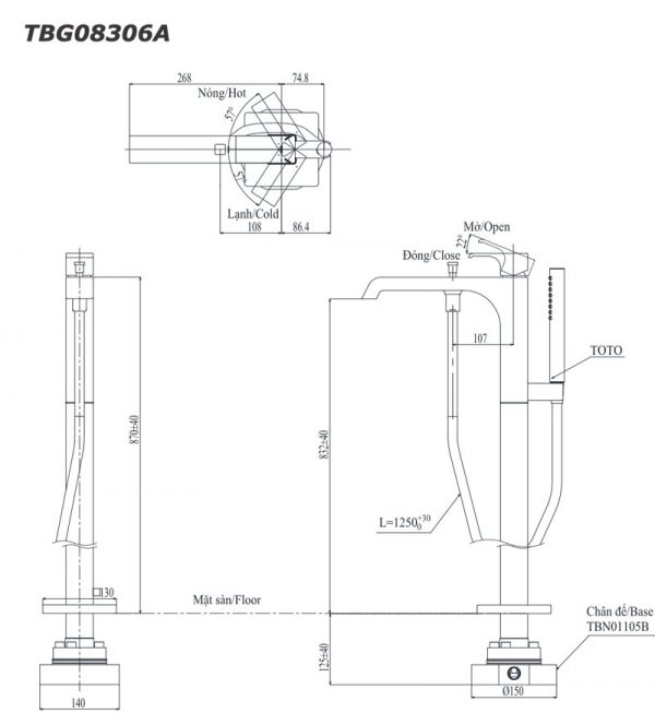 Bản vẽ kỹ thuật Vòi sen cây TOTO TBG08306A TBN01105B nóng lạnh