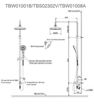 Bản vẽ kỹ thuật Vòi Sen Cây TOTO TBW01001B/TBS02302V/TBW01008A Nóng Lạnh