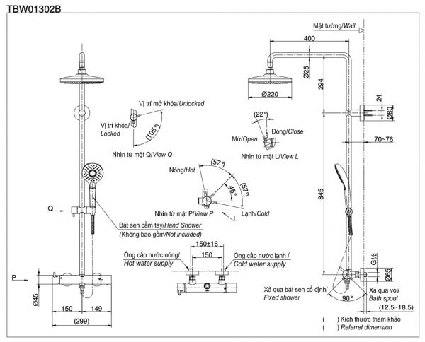 Bản vẽ kỹ thuật Vòi sen cây TOTO TBW01302B nóng lạnh