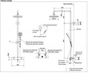 Bản vẽ kỹ thuật Vòi sen cây TOTO TBW01404B TBW01404BA nhiệt độ