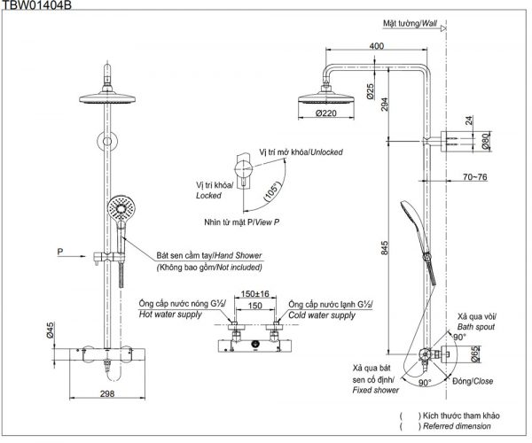 Bản vẽ kỹ thuật Vòi sen cây TOTO TBW01404B TBW01404BA nhiệt độ