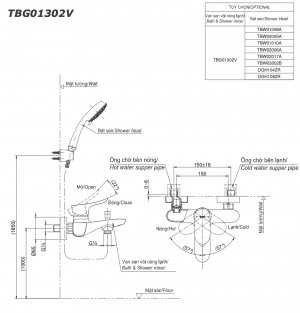 Bản vẽ kỹ thuật Vòi sen tắm INAX TBG01302V nóng lạnh