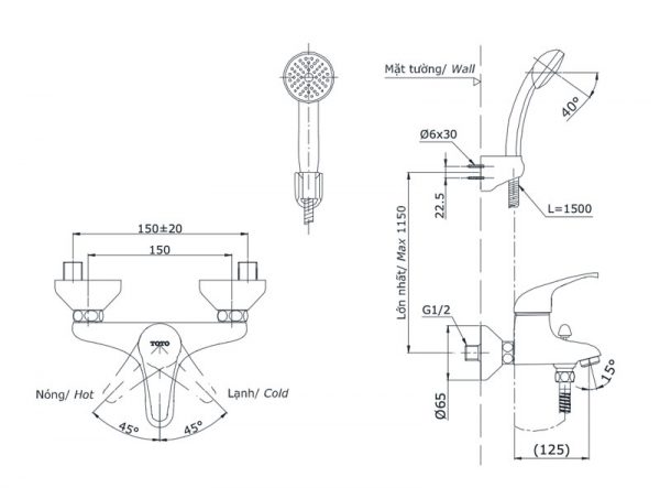 Bản vẽ kỹ thuật Vòi sen tắm TOTO DGM301CFNS nóng lạnh