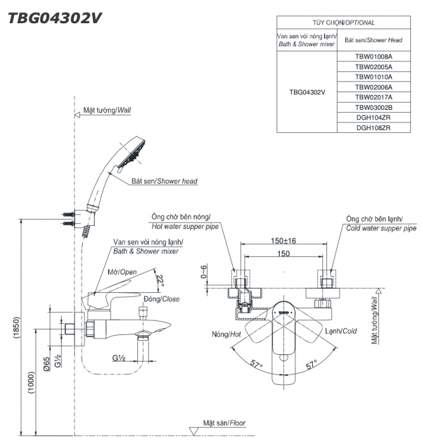 Bản vẽ kỹ thuật Vòi sen tắm TOTO TBG04302V nóng lạnh