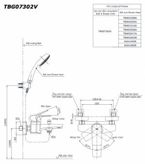 Bản vẽ kỹ thuật Vòi sen tắm TOTO TBG07302V nóng lạnh