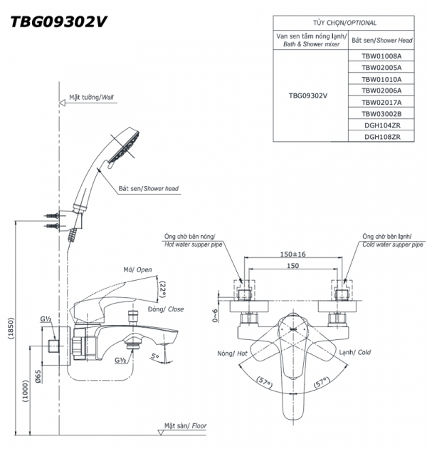 Bản vẽ kỹ thuật Vòi sen tắm TOTO TBG09302V nóng lạnh