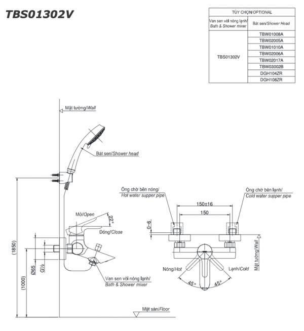 Bản vẽ kỹ thuật Vòi sen tắm TOTO TBS01302V nóng lạnh