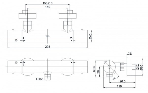 Bản vẽ kỹ thuật Vòi sen tắm TOTO TBV01401B nóng lạnh